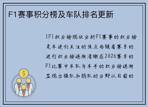 F1赛事积分榜及车队排名更新